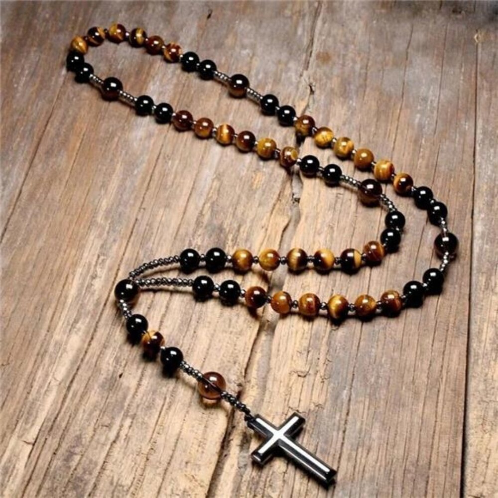 Men's Natural Tiger Eye Round Beaded Long Hematite Cross Necklace